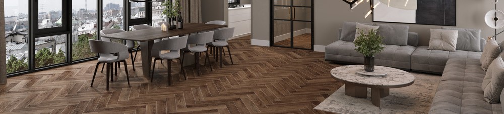 Кварцвиниловый SPC ламинат Cronafloor Herringbone Дуб Тулуза H001 венгерская елка 640×128×4,5 фото в интерьере
